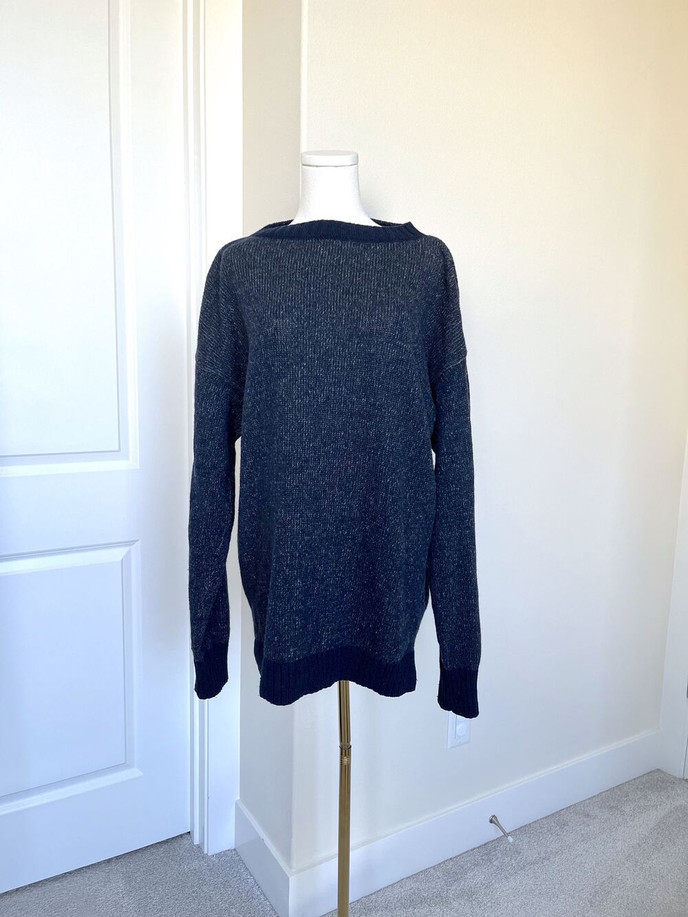MUJI Reclaimed Wool Blend Tunic Sweater Navy Heather Ribbed Oversized - Size L